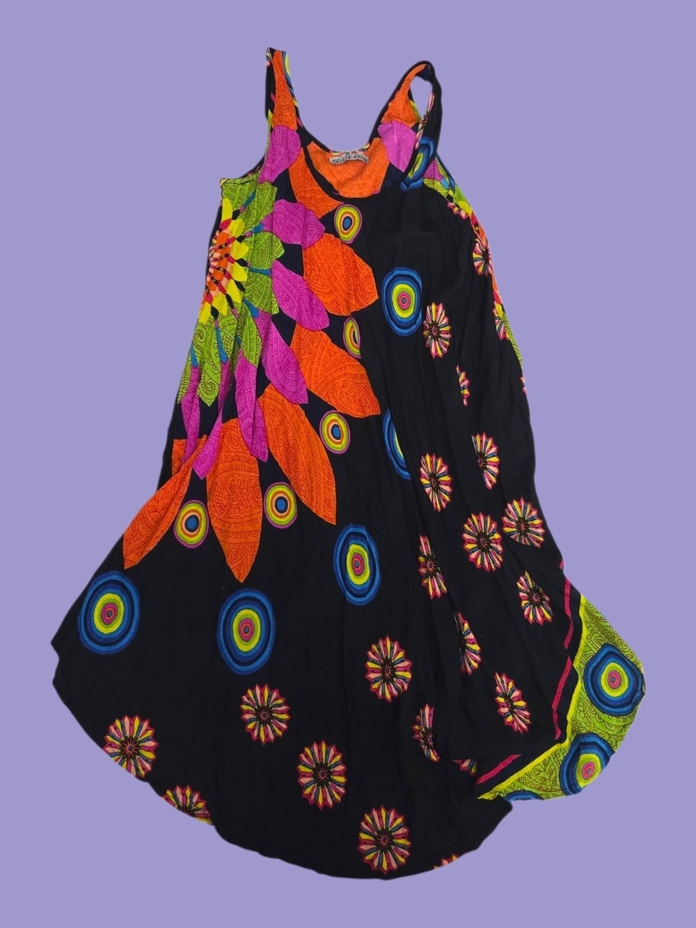Boho Black Maxi Dress with Neon Floral & Target Print